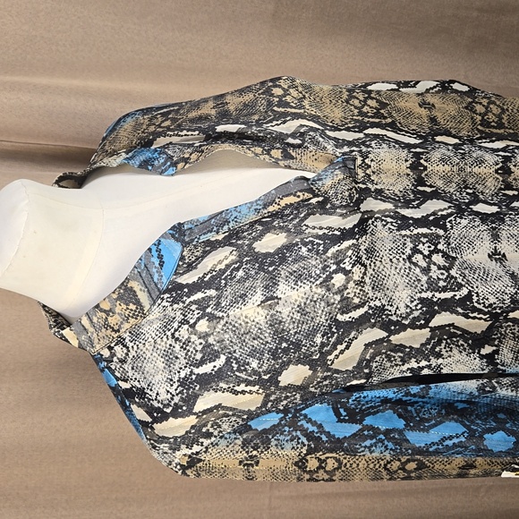 Frank Lyman blue tan sheer snake print boho long sleeve tunic blouse, size 12 - Picture 2 of 8
